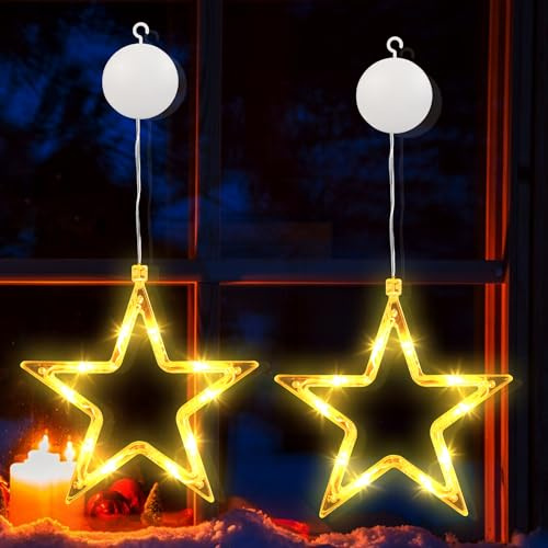PhilzOps julfönster fairy lights, 2 stycken 10 LED star julljus batteri varmvit inomhus julstjärna fönsterbelysning med timer för hem balkong utomhus fest dörr festival dekoration