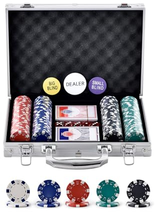VEVOR Kunststoff Pokerchip-Set, 200-teiliges Pokerset Ungekennzeichnet, Pokerspielset mit Alu-Pokerkoffer, Karten, Knöpfe und Würfel, Komplett Set 6-7 Spieler für Texas Hold'em, Blackjack usw.
