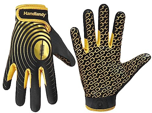 HANDLANDY Youth American Football Gloves, Sticky Wide Receiver Gloves for Kids Boys Girls, Stretch Fit Football Gloves (Black Gold, L)