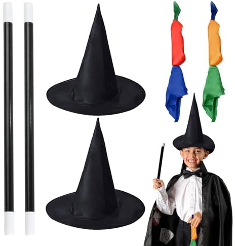 UILYNIU 6 Pieces Magician Costume Halloween Witch Hat Magic Scarf Color Changing Hanky Props Scarf Magic Stick, Magic Trick Props Supplies Trick Toy for Kids Adult Party Favors Surprise Gift (6PCS)