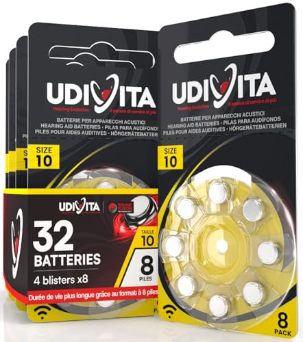32 Pilas para Audífonos Tamaño 10 Udivita PR70 (Amarillo) Zinc-Aire Hearing Evolution - 4 Blísteres de 8 Pilas