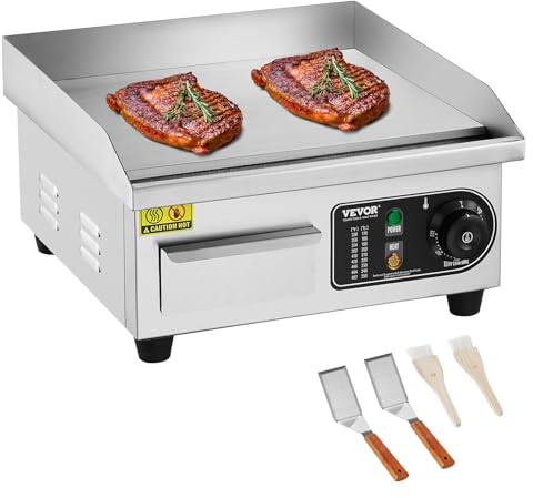 VEVOR Piastra Elettrica Commerciale, Piastra Flat Top da 2000 W, Temperatura Regolabile 50-300°C Piastra in Acciaio Inossidabile 36 x 30 x 1 cm con 2 Pale e 2 Spazzole per la Casa o il Ristorante