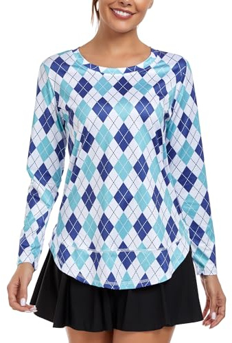 Deaviya Womens Long Sleeve Sports Tops UK, Sport Yoga T-Shirt Workout Running Tops, Crew Neck Quick Dry Golf Activewear Ladies Gym Sports Top, M,Black Green Grid