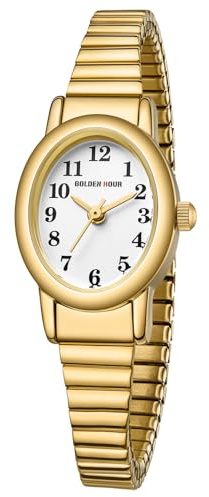 GOLDEN HOUR Kleine Armbanduhr Damen Analog Quarz Leicht Ablesbare Uhr Damen mit Edelstahl-Dehnarmband, Rundes Gehäuse, 12 Stunden wasserdichte Armbanduhr für Frauen Mädchen