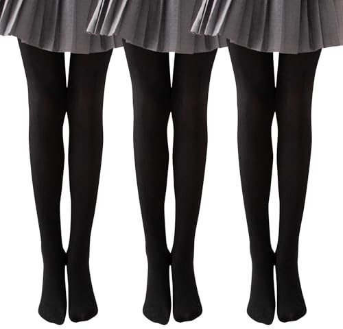 Runmeihe 3 Paar Rutschfeste Schulstrumpfhosen für Mädchen, 20D & 90D Mikrofaser Dehnbare Gestrickte Ballett Strumpfhose für Schulkleidung (DE/NL/SE/PL, Alter, 10 Jahre, 13 Jahre, Regular, 90D Black)
