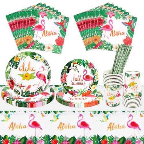 Aloha - Juego de 81 vajilla de fiesta hawaiana, decoración de cumpleaños, platos y vasos de cartón, toallas, diseño de verano, decoración para niños y niñas