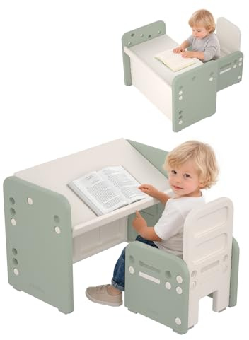 Hominewti Kindertisch mit Stühle, Höhenverstellbarer Kinder Tisch Stuhl Set, Konvertierbarer Desktop，Multifunktionaler Tisch und Stühle zum Lesen, Schreiben, Zeichnen und Essen, Grün