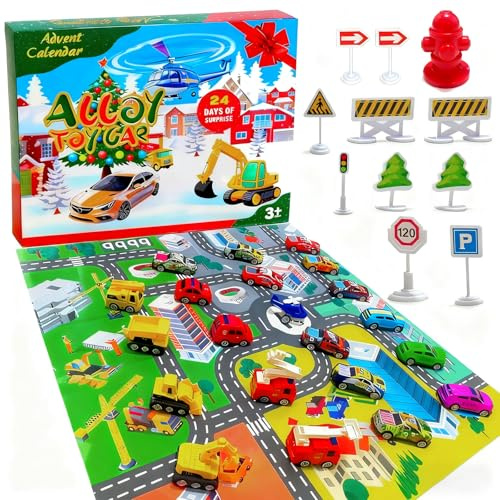 TIMVIEA Calendrier de l'Avent 2025 Garçons 3 Ans et Plus, 24 Jours de Voitures-Jouets avec Camion de Pompiers, Voiture de Course et Véhicules de Chantier - Cadeau de Noël pour Enfants