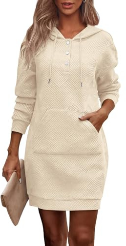 ABYOVRT Robe Sweat à Capuche Femme Manches Longues Robe Pull décontractée en Tissu Gaufré avec Poche et Boutons,Beige,M