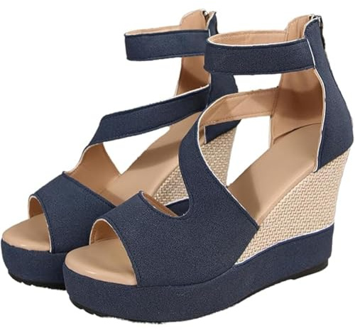 GHTRHSB Sandalias de tacón alto con plataforma de cuña para mujer, sandalias de verano con puntera abierta, soporte de arco, zapatos de plataforma cómodos con cremallera trasera, azul marino, 38 EU