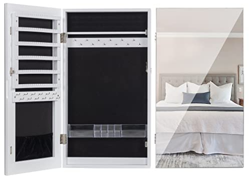 LAVIEVERT Lockable Jewelry Cabinet Armoire with Frameless Mirror, Wall/Door Mounted Space Saving Jewelry Display Organizer with Lipstick Compartments - White
