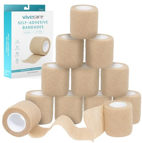 Vive Care Self Adhesive Bandage Wrap (12 Rolls) Cohesive Extra Sticking Stretch Wound Wraps - Elastic Athletic Tape for First Aid, Injuries & Sports, Arm, Leg, Ankle, Wrist, Fingers, 2 x 5yd Roll