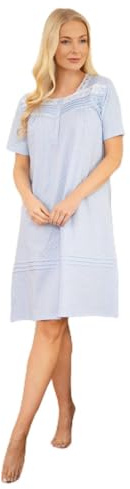 Camille 100% Cotton Short Sleeved Women's Nightie | Knee Length Nightdress | Comfortable & Breathable Traditional Nighty with Buttons | Classic Nightwear with Short Sleeves | White Polka Dot 10-12