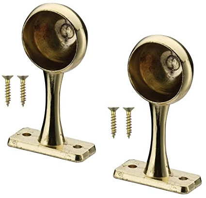 TERF® Polished Brass Curtain Pole End Bracket 25mm Curtain Rail Ceiling and Wall Mount Rod Holder Wardrobe Shower Curtain Closet Lever Rail Pole End Support with Fixing - Pack of 2
