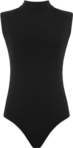 janisramone Body da donna a collo alto, senza maniche, tinta unita, elasticizzato, casual, per feste, Nero , 16-18