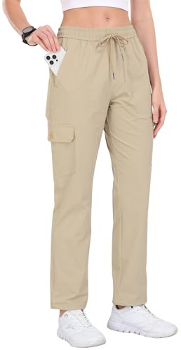 JINSHI Pantalon de Randonnée Imperméable Femme Été Pantalon Cargo Jogging Léger Séchage Rapide Taille Elastique Pantalon de Décontracté Extérieur Montagne Trekking Kaki Taille M