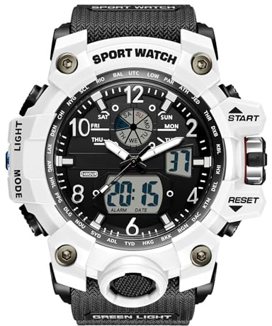 RORIOS Orologio Sportivo Coppia Orologio da Polso Elettronico Doppio Display Orologio Digitale Quarzo Orologio Multifunzione Militare per Uomo Impermeabile Nero Bianco A