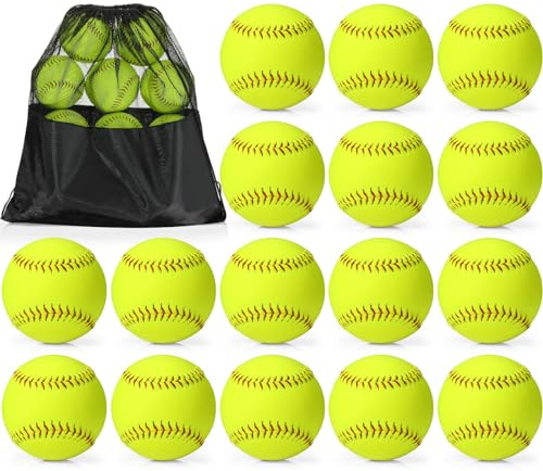Sonwyoung 16 Pack Sports Practice Softball with Mesh Bag, Official Size and Weight Slowpitch Softball, Unmarked Leather Covered Youth Fastpitch Ball Training Ball for Training(12 Inch)