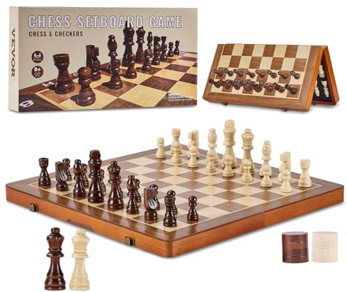 VEVOR Jeu d'échecs magnétique en bois, 380 mm, jeu de société d'échecs et de dames 2 en 1, échiquier pour adultes et enfants, 2 reines, ensemble de voyage portable, pour tournoi professionnel débutant