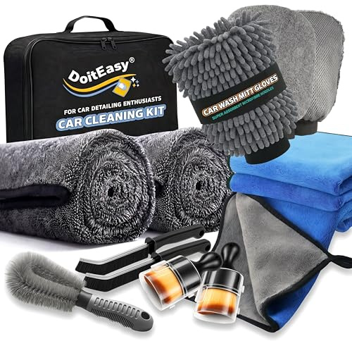 DoitEasy Car Cleaning Kit – 12 PCS Ultimate Car Washing & Detailing Kit | Includes Car Drying Towel, Microfibre Towels, Wash Mitt, Alloy Wheel Brush, Car Interior Dust Brush, Detailing Brushes