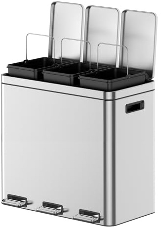 Takywep 3 x 5.3 Gallon Kitchen Trash Can, 3 Compartment Garbage Can, Stainless Steel Rubbish Bin with Soft-Close Lid and Removable Inner Wastebasket for Kitchen, Home Office