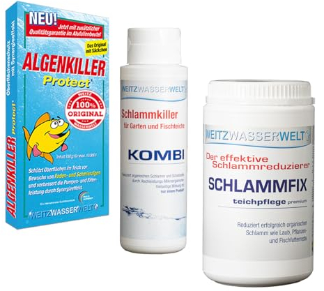 ALGENFREI & ANTISCHLAMM Set - Teichschlammentferner und Algizid Teichklar - das ideale Teich Zubehör für klares Wasser im Fischteich oder Naturpool - stark gegen Algen, Schlamm & Wassertrübungen