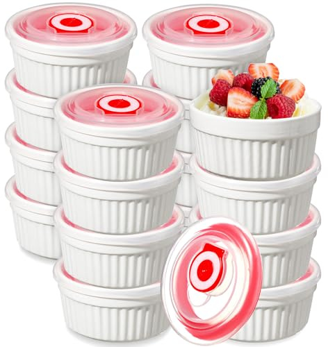 LOYIM Confezione da 12 pirottini da 170 g con coperchio, adatti al forno, in porcellana, per crème brûlée, con coperchio, per budino, crema pasticcera, impilabili, ciotole in ceramica per cottura in