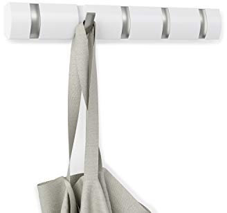 JOYIAL 5 Garderobenhaken, Moderne Platzsparende Garderobenleiste Weiß, Wand Garderobenleiste mit 5 Beweglichen Haken, Umklappbaren Kleiderhaken für Jacken, Mäntel, Schals, Handtaschen und Mehr
