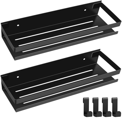 FoiiLiio Estanteria Ducha Sin Taladro Negro 2 Piezas Estanteria Baño con 4 Ganchos 30cm Estanteria Ducha Acero Inoxidable, Organizador Estanteria para Cocina Y Baño