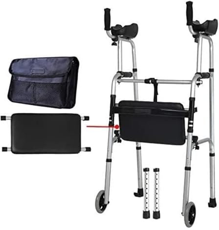 Gehhilfe, Gehgestell, Gehbock für Senioren, Höhenverstellbarer, zusammenklappbarer, leichter Gehhilfe aus Aluminium mit Sitz, Stockhalter und arretierbarem Bremsgriff, mobile Gehhilfe