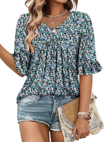 KISSMODA Womens Half Sleeve Tunic Tops Summer Square Neck Blouses Dressy Ruffle Sleeve Casual Shirts for Leggings
