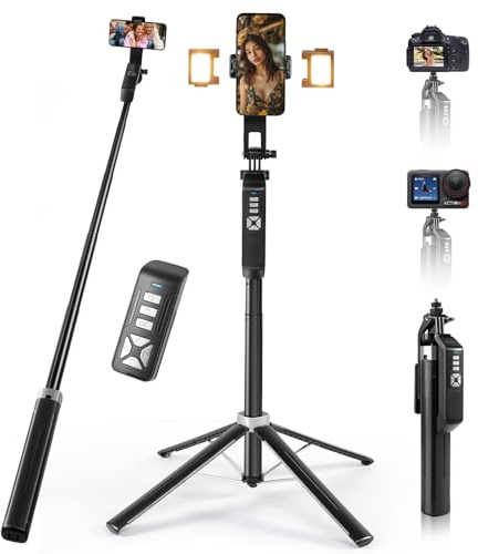 INMOZATA Selfie Stick Tripod with Light, 71 Extra Phone Tripod Stand for Filming with Detachable Bluetooth Remote, Extendable Tube Selfie Stick for iPhone, Android, Camera, Gopro