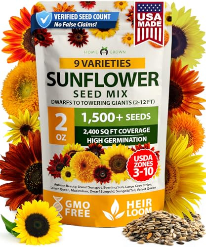 HOME GROWN Sunflower Seeds Mix Pack 1,500+ 9 Colorful Varieties of Sun Flower Seeds to Plant - 2-10ft Tall Plants, Pollinator Friendly, Easy to Grow, High Germination