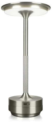 MMOBIEL Lámpara de Mesa LED Inalámbrica Redonda de Metal Recargable con Control Táctil, 3 Tonos Regulables, Batería 1800mAh, USB-C para Interior/Exterior, Dormitorio, Restaurante – Plata