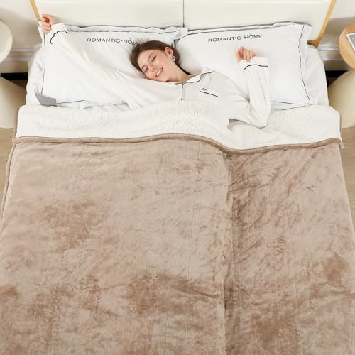 ESTINGO Couverture Chauffante 200x150cm, Couette Chauffante Flanelle Sherpa, 6 Températures, Minuterie et Arrêt Auto 10h, Protection Surchauffe, Lavable Machine, Lit Canapé Homme Femme Famille, Beige