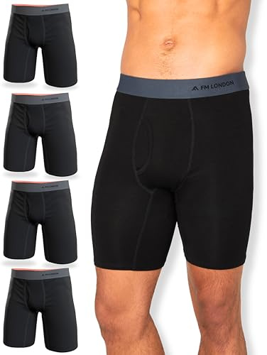 FM London 4-pack boxershorts för män med långa ben bambu – supermjuk, anti-skav, svettabsorberande bambuboxers med nyckelhålsgylf, Svart, 3XL