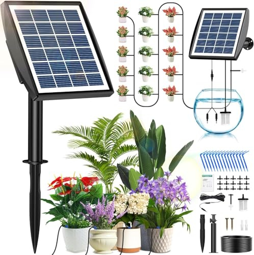 Irrigazione Automatica Energia Solare, Kit Irrigazione Automatica da Giardino con Tubo Lungo 15M e Gocciolatore, Adatto per Piante in Vaso da Giardino e Balcone All'aperto, Verdure
