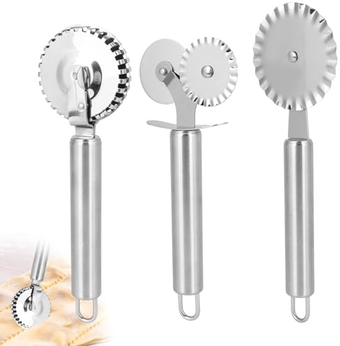 3pz Set di Rotelle Tagliapasta, Rotella Tagliapasta Ravioli Pizza Acciaio Inox Pinza Pasta Scanalata con Impugnatura Ergonomica per Pasta Crosta Torta Utensili Cucina Facili Pulire (Argento)