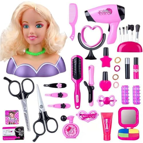 Cabeza de muñeca con estilo de cabello para niñas, 35 piezas/juego de cabeza de muñeca con estilo seguro para niños con accesorios para el cabello - Set de peluquería y maquillaje para niñas, Idea