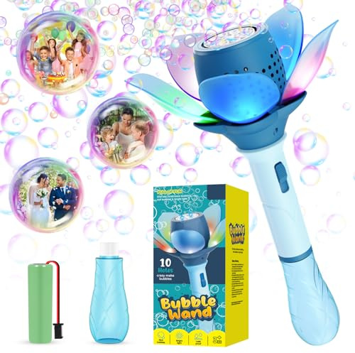 Bubojoy - Varita de burbujas para niños, máquina automática de burbujas con luz colorida, 120 ml, solución, 10000+ burbujas/mini juguete eléctrico para fiestas al aire libre bodas-Bleu