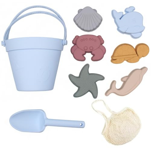 BeVistoso Juguetes de Playa para niños, Juego de Juguetes de Arena de Silicona Suave para Caja de Arena, con moldes de Cubo de Pala, Red de Malla portátil para fácil Almacenamiento de Transporte
