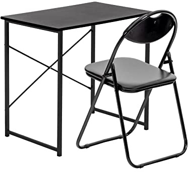 Harbour Housewares Wooden Office Desk & Chair Set - 80cm - Black/Black - PC Computer Workstation Contemporary Laptop Durable Tubular Steel Compact Wooden Desk and Folding Chair for Study, Offices