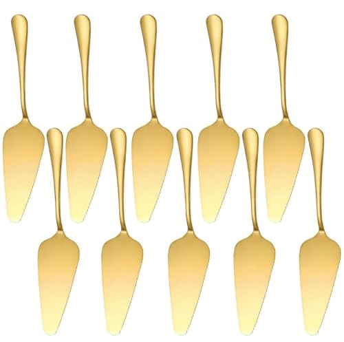 Ymeibe Stainless Steel Cake Server Pack of 10 Pie Holder Transfer Triangular Spade Spatula Serrated Edge for Pizza Cake Baking Safe in Dishwasher (Gold)