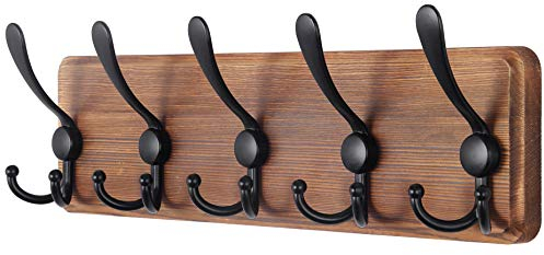 SKOLOO Coat Rack Wall Mounted - Wooden, Heavy Duty, Rustic Coat Hooks for Wall, 16'' Hole to Hole, Wall Coat Rack with 5 Triple Hooks for Hanging Clothes, Jacket, Hat(Brown)