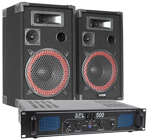 MAX 500W Pack de Sonido. Combinación de Dos Altavoces de 12 Pulgadas y Amplificador Skytec SPL500EQ y Cable de 10 Metros. Equipo Ideal DJ. PA. Eventos, Fiestas etc.