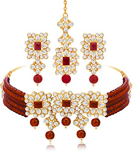 Aheli Ethnic Indian Necklace Earring Maang Tikka Set Traditional Bollywood Fashion Bharatanatyam jewellery set Gift for Women Maroon