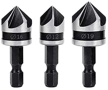 Bestgle 3pcs 1/4 Inch Shank Countersink Drill Bit Set, 5 Flute 90° Chamfering Cutter, High Carbon Steel Chamfer Tapered Bits for Woodworking & Metalworking, 12mm 16mm 19mm