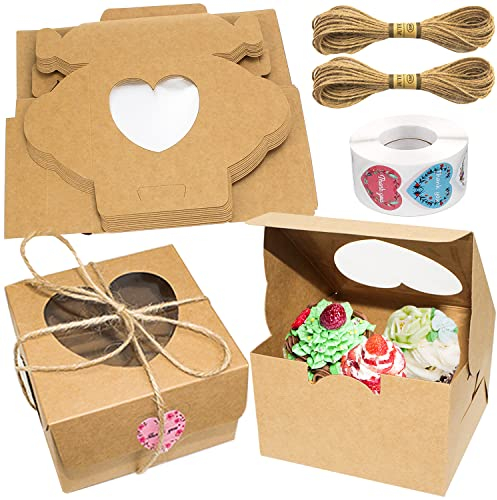 Cupcake Box Kraftpapier Geschenkboxen Karton Mit Sichtfenster Herzförmige Cupcake Boxen 24 Stk Mit Aufkleber und Seil für Keksschachtel Mehlspeisenkarton Dessert Cupcakes Kraftpapier Box