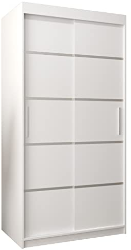 MEBLE KRYSPOL Schwebetürenschrank Verona 1 100 cm Kleiderschrank mit Kleiderstange und Einlegeboden Schlafzimmer- Wohnzimmerschrank Schiebetüren Modern Design (Schubladen: 0, Weiß)