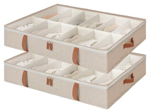 StorageWorks Under Bed Shoe Storage Organiser, Underbed Storage with Adjustable Dividers Fits up to 24 Pairs, Shoe Underbed Box with Cover, Space-Saving Under Bed Storage Box with Lid, Brown, 2-Pack